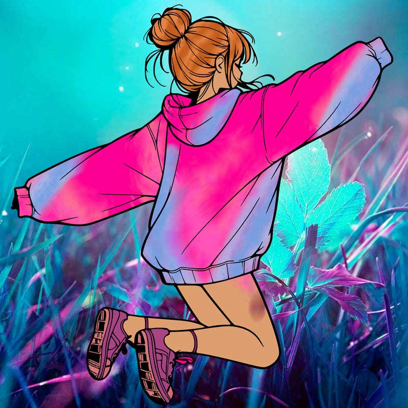 realistic girl jumping with a bun and oversized sweatshirt