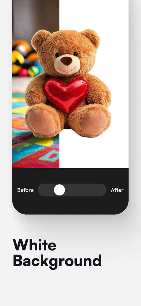 Blend: AI Models Logos Videos - Before and after comparison of a teddy bear product photo showing background removal to a clean white background