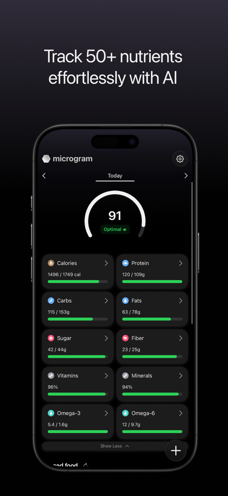 Microgram: Nutrient Tracker - Microgram app dashboard displaying daily intake of calories proteins vitamins and minerals