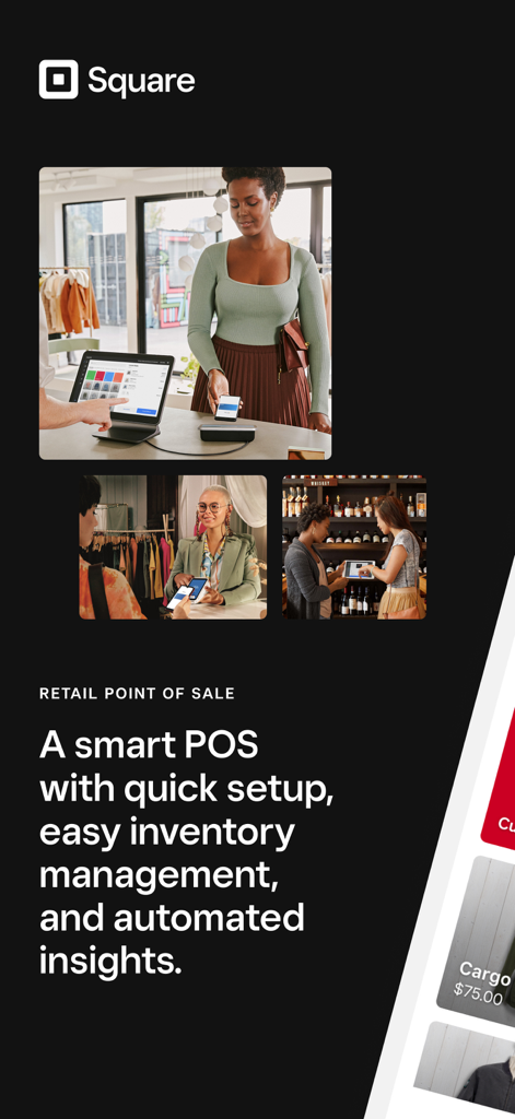 Merchant using Square Retail POS for contactless payment and inventory management in a boutique