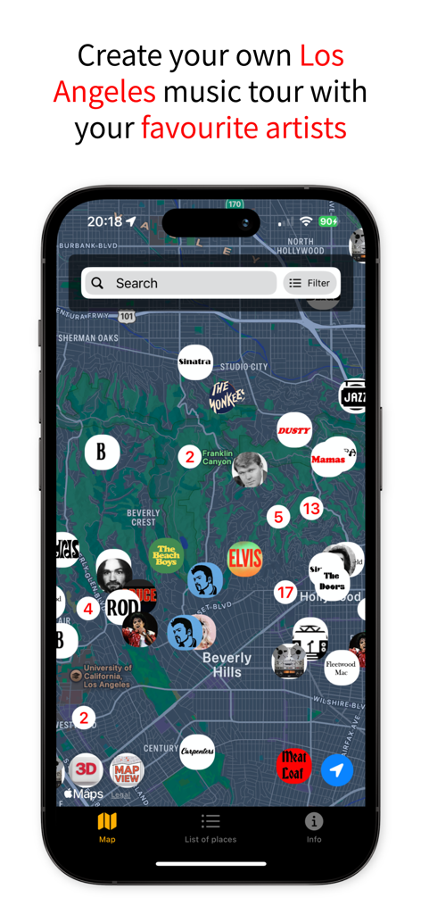 Los Angeles Music Map - A map of Los Angeles in the music map app featuring icons of legendary artists like Elvis and The Doors for custom rock tours.