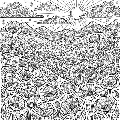Discover a breathtaking poppy field scene, intricately designed for adult coloring enthusiasts. This detailed landscape promises hours of relaxing creative expression.
