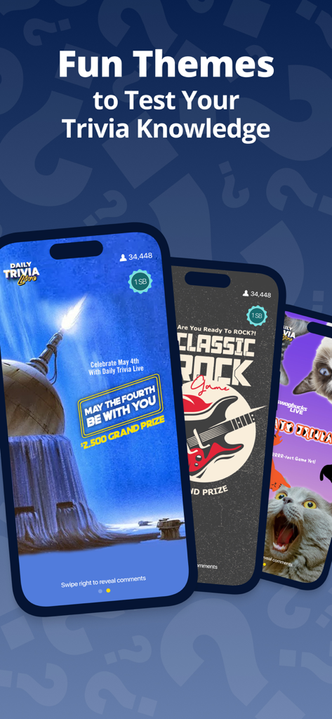 Three smartphone screens displaying various trivia game themes like Star Wars and Classic Rock on the Swagbucks Trivia for Money app