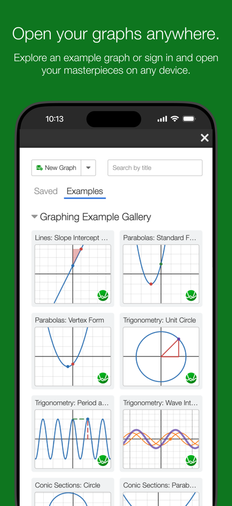 A mobile screen showing a gallery of mathematical graphing examples like lines parabolas and trigonometry in the Desmos app