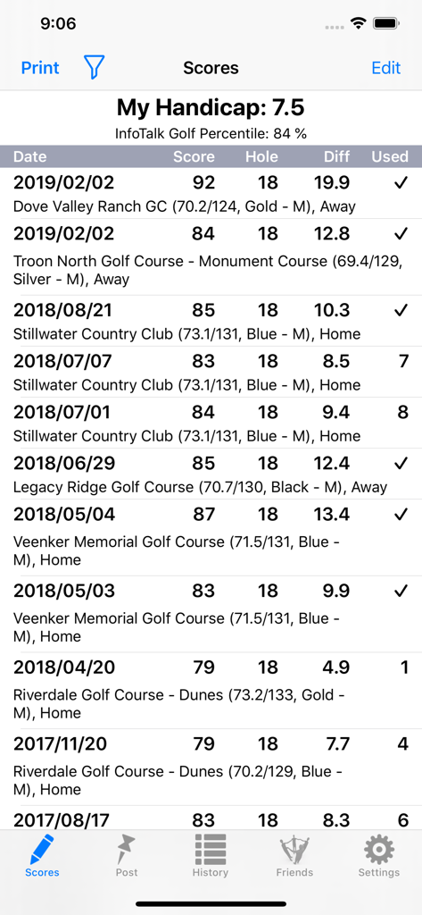 Golf Handicap Tracker & Scores - A list of golf scores and handicap history displayed in the app