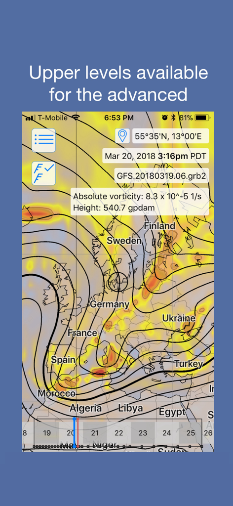LuckGrib - LuckGrib app interface displaying absolute vorticity and height data on a weather map of Europe