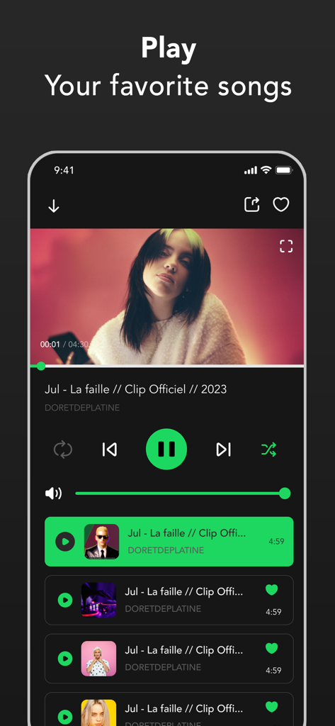 Interface of the Pure Tuber mobile app showing a music player with a video and a list of songs