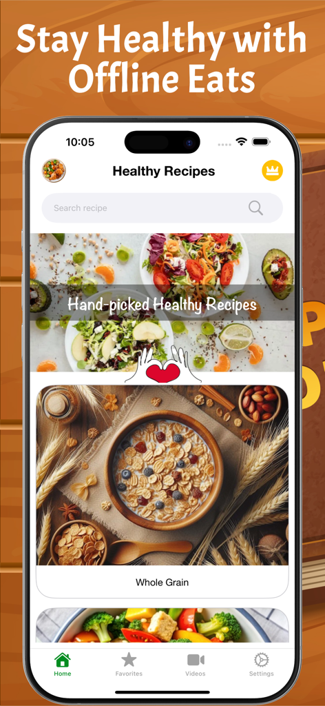 Healthy Recipes - Low Calorie - 건강 레시피 모바일 앱의 홈 화면으로, 식사 카테고리와 오프라인 접근 기능이 표시됩니다.