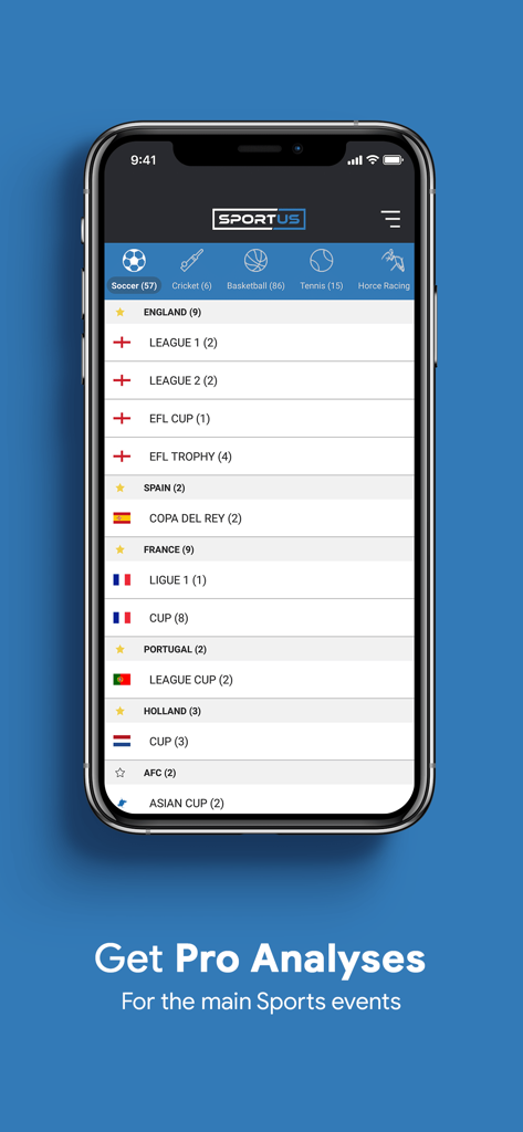 Sportus - Sportus mobile app interface showing professional sports analyses for soccer leagues