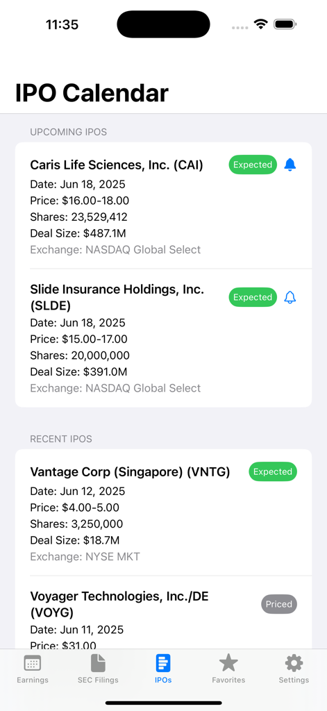 Earnings Whisper - Pantalla del Calendario de OPI en la aplicación Earnings Whisper que muestra ofertas públicas iniciales próximas y recientes con tamaños de acuerdos y precios de acciones.