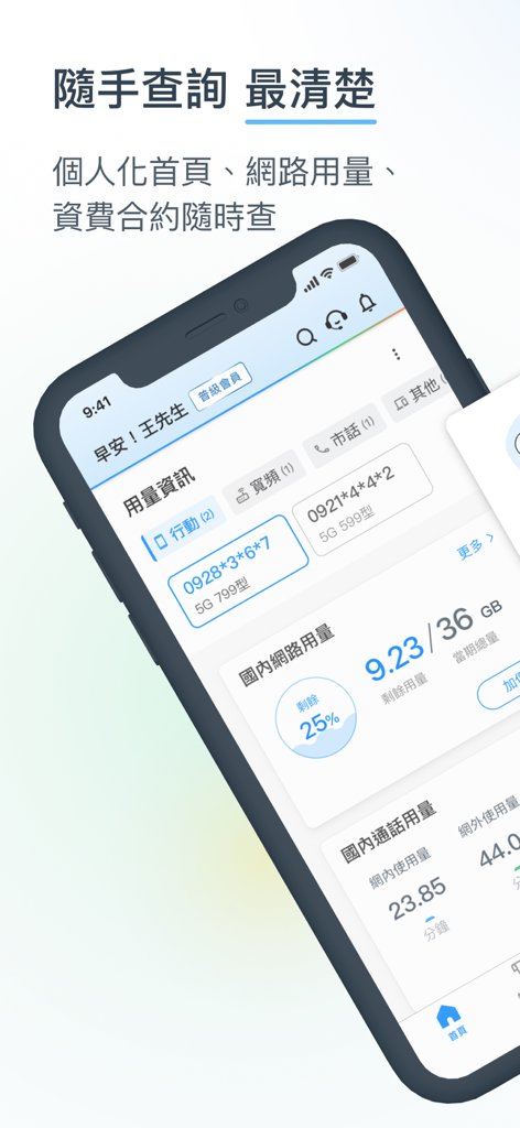 中華電信 - Chunghwa Telecom app interface displaying mobile data usage and account information