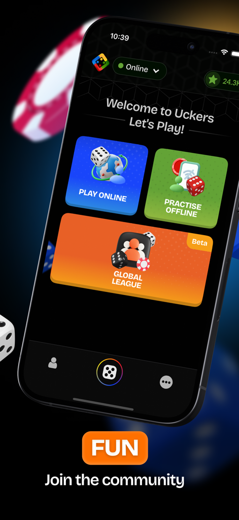 O menu principal do aplicativo do jogo de tabuleiro Uckers mostrando opções para jogar online, praticar offline e liga global.