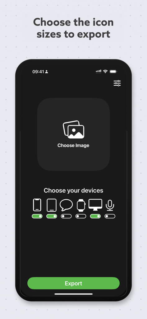 Interface of the App Icon Generator app showing the selection screen for choosing target devices such as iPhone, iPad, and macOS for icon export.