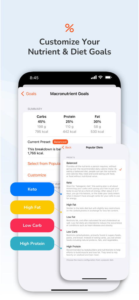 Calorie Counter by Pro Tracker - Interface of the Calorie Counter app showing macronutrient goals and popular diet presets like Keto and Low Carb