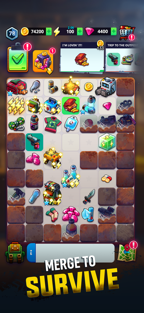 In-game screenshot of Merge 2 Survive showing the merge puzzle board with survival items and tools