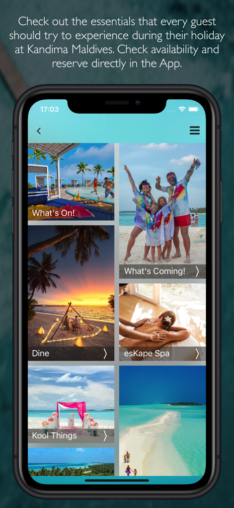 A mobile app interface for Kandima Maldives showing options to book dining spa and activities