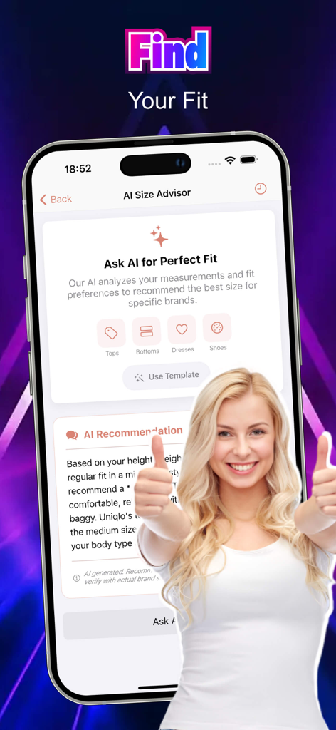 Pley - - PleyアプリのインターフェースがAIによる衣類のサイズレコメンデーションを表示している横で、笑顔でサムズアップする女性。