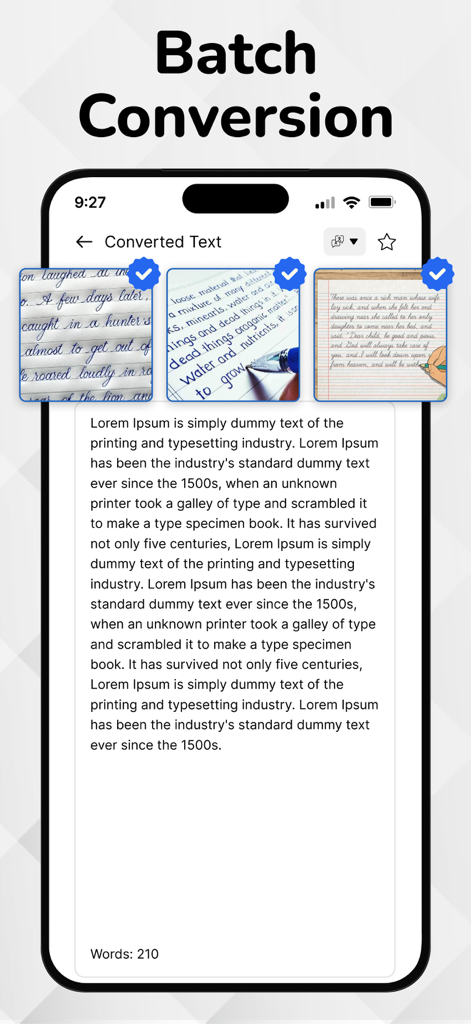 Mobile app interface showing the batch conversion feature for turning multiple handwritten notes into editable digital text.