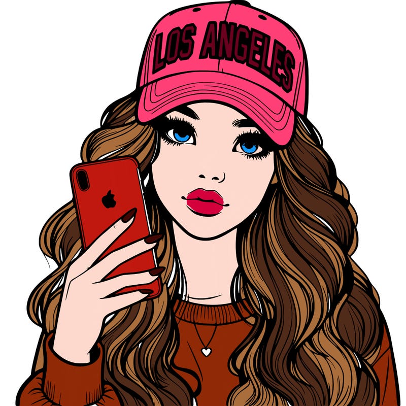 realistic beautiful girl wearing los ángeles cap holding an iphone