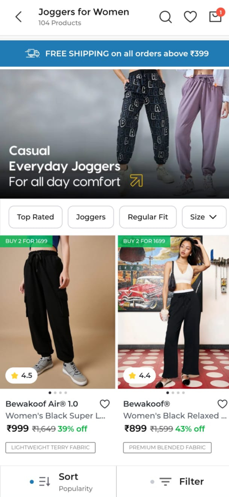 Mobiler Bildschirm der Bewakoof App zeigt lässige Jogginghosen für Damen mit Preisen und Filtern