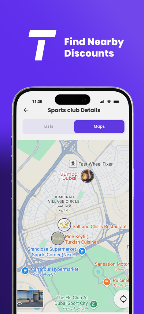Kartenansicht in der Tolaab-App, die nahegelegene Studentenrabatte und lokale Geschäfte anzeigt.