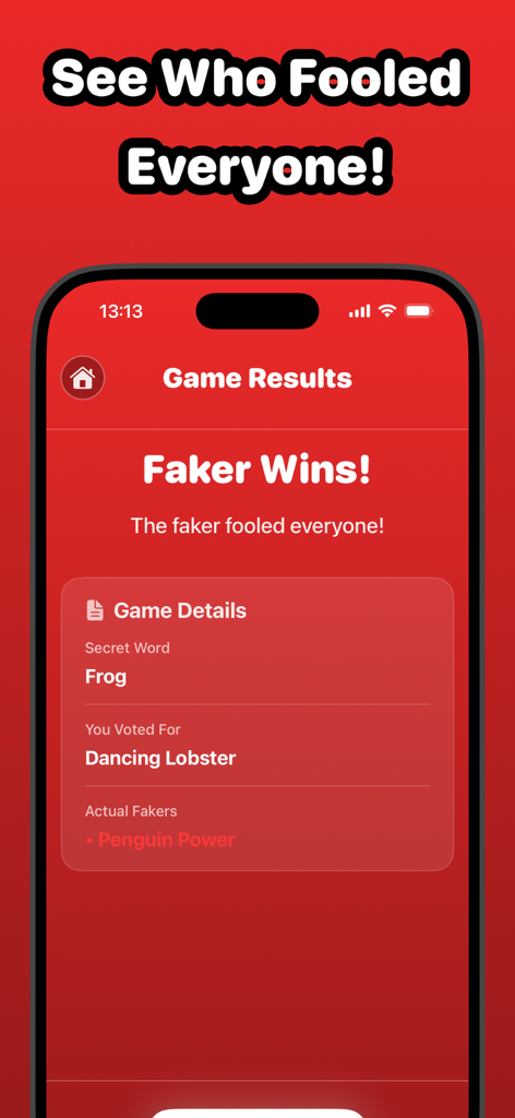 Faker: Who is Lying? Game - Uma tela móvel mostrando os resultados do jogo para Faker, onde o faker venceu e enganou os jogadores