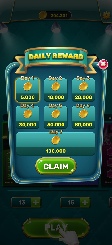 Scratchy Luck - Daily rewards popup in Scratchy Luck app featuring seven days of coin prizes