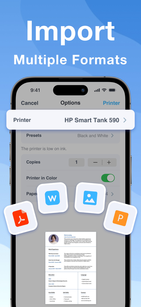 Smart Printer App: PDF Scanner - Smart Printer App interface showing multiple file format icons including PDF Word and images with a print preview screen