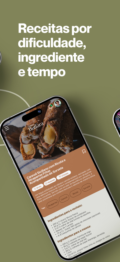 Manu Buffara - Manu Buffara app interface displaying a detailed recipe for Sicilian Cannoli with ingredients and cooking time