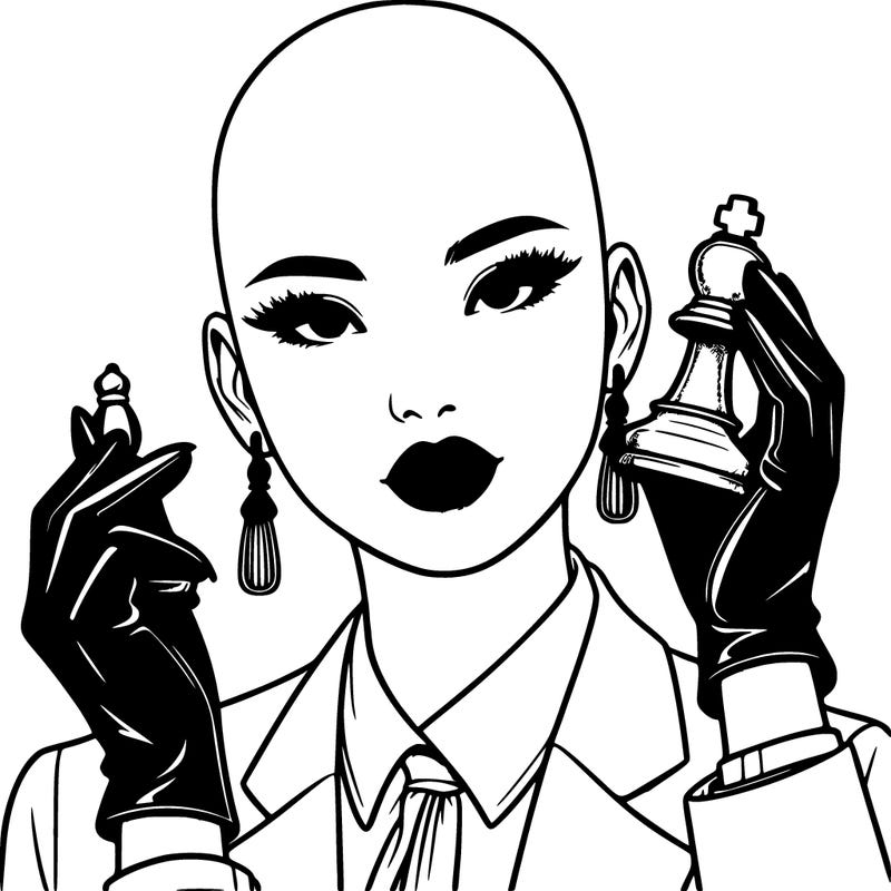 realistic bald asian female who wears suits and gloves and wearing hooped earrings while wearing lipstick, while holding a pawn chess piece in her hand