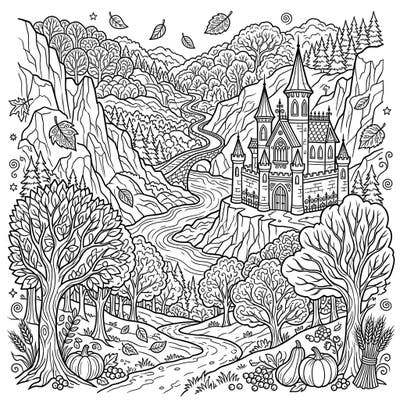 Step into a dramatic autumn scene featuring a majestic Gothic castle overlooking a winding river in a deep valley. This intricate design captures the haunting beauty of fall with falling leaves and harvest touches, perfect for a captivating coloring experience.