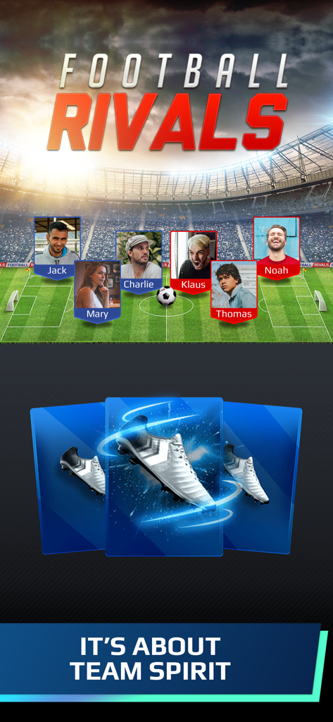 Football Rivals promotional image showing a soccer team lineup with player avatars and collectible soccer boot cards