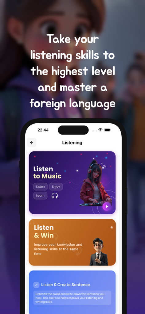 VocsApp - Una interfaz de aplicación móvil de VocsApp que muestra diferentes ejercicios de escucha para dominar idiomas extranjeros, incluyendo música y creación de oraciones.