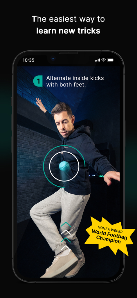 Skill Addicts – Play & Learn - A world footbag champion teaching a trick on the Skill Addicts app with step by step instructions