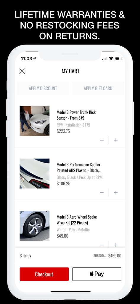 Shopping cart in the RPM TESLA app displaying Tesla Model 3 accessories with checkout and Apple Pay options