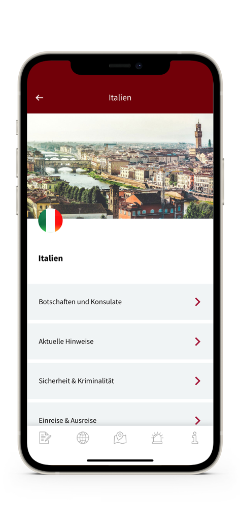 海外サービスアプリのイタリア渡航情報画面。大使館の連絡先と安全に関するアドバイスが表示されています。