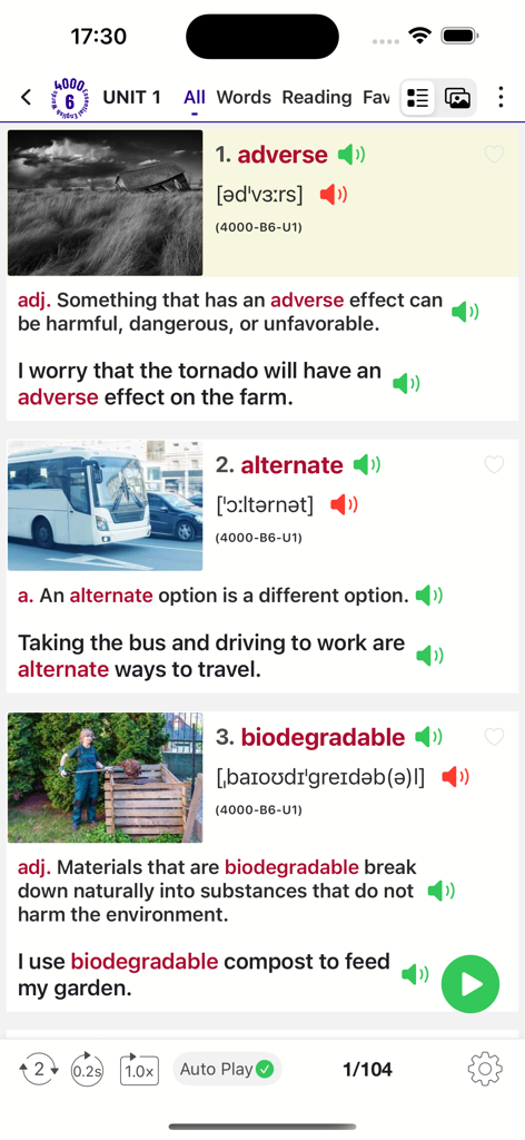 4000 Essential English Words ⑹ - Lista de vocabulario avanzado de inglés en la aplicación 4000 Essential English Words que muestra palabras con definiciones, frases de ejemplo e imágenes ilustrativas.
