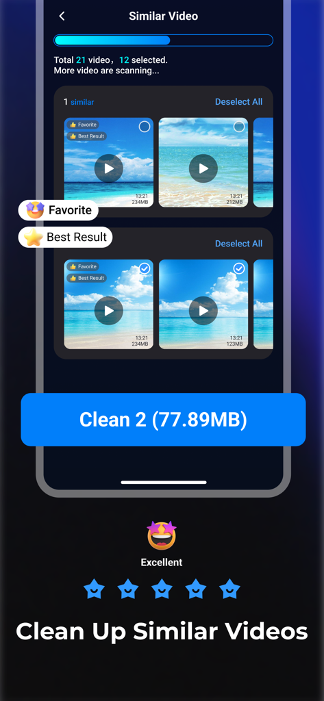 Mobile app interface for identifying and deleting similar videos to save phone storage