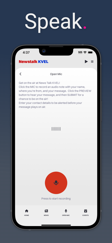 Newstalk 104.5 KVEL - Newstalk KVEL mobile app Open Mic recording interface