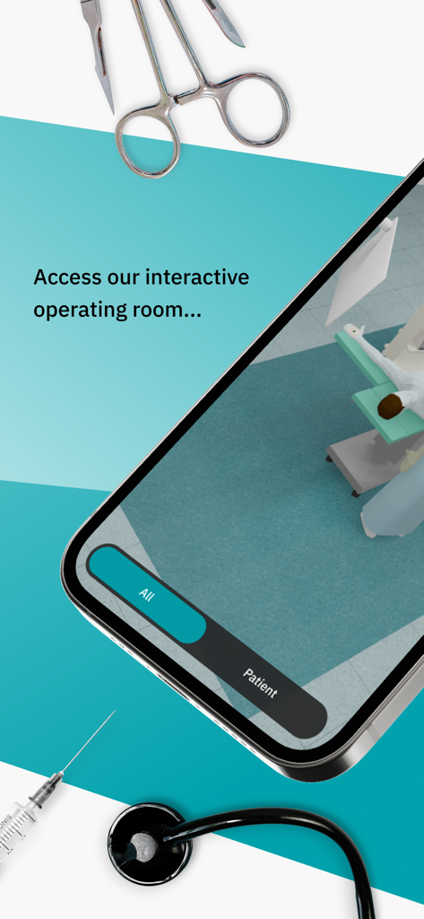 Interactive 3D operating room view in the Incision Assist mobile app showing surgical setup