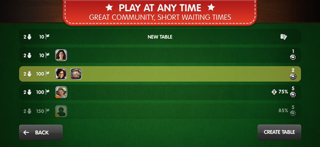 Gin-Rummy Palace - Interface of the gin rummy palace app showing available online card tables to join