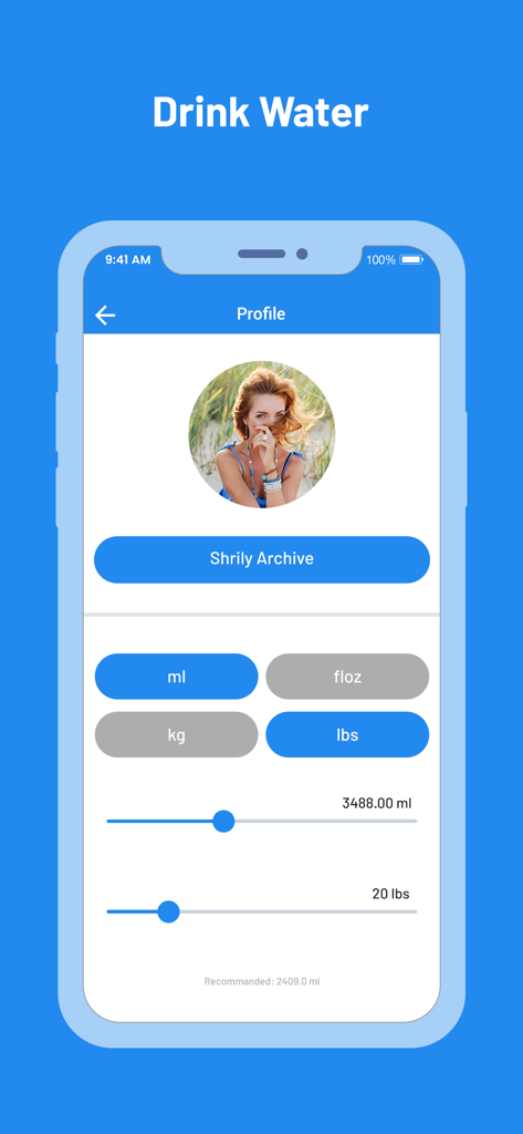User profile screen in the Water Tracker app showing settings for water intake units and user weight
