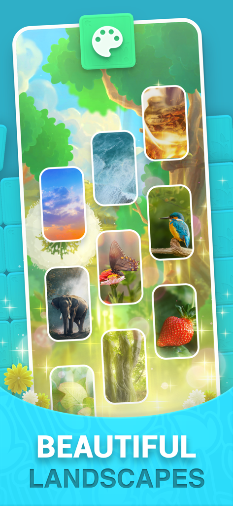 A collection of nature-themed background themes for Word Block puzzle game showing animals, plants, and scenic views.