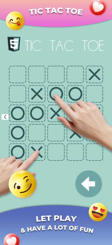 Multiplayer Games 2 Players ++ - Dos personas jugando a un Ta-Te-Ti de 5x5 en una sola pantalla móvil con emojis