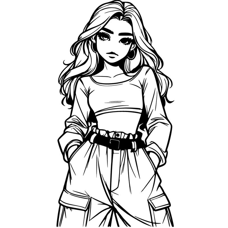 realistic teen girl with baggy pants and a crop top
