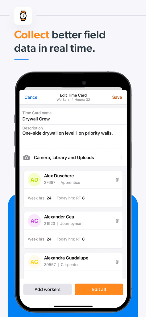 Raken Construction Management - Raken mobile app interface showing a digital time card for a construction crew with worker hours and roles