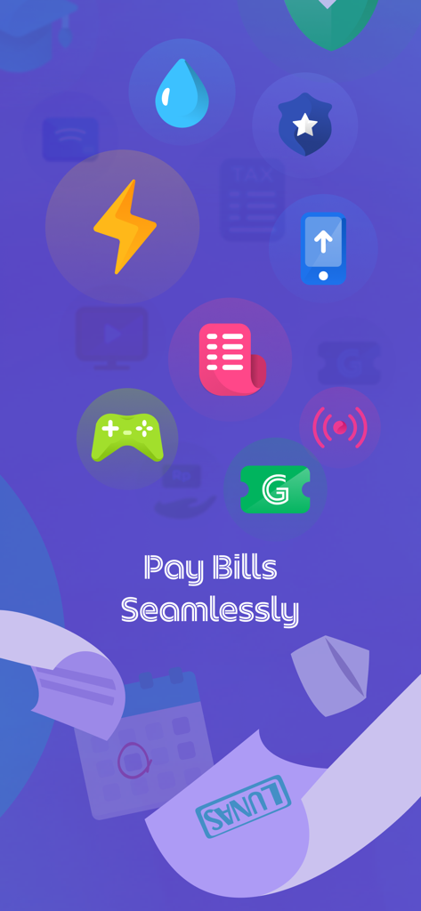 OVO app screen featuring icons for electricity, water, and phone bill payments with a paid receipt stamp