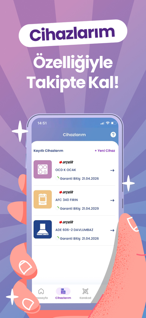 Screenshot of the Oliz app showing the My Devices feature with a list of Arçelik appliances and their warranty expiration dates.
