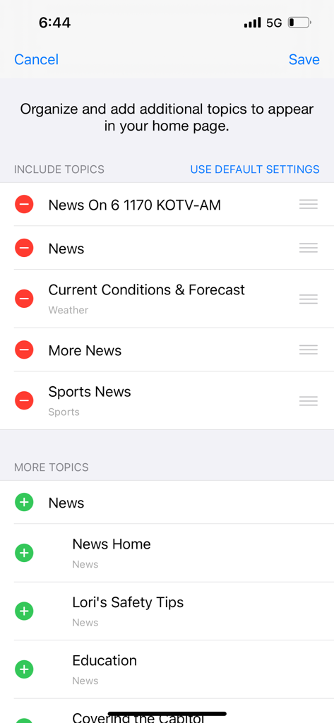 News On 6 - Interface for organizing and adding news topics in the News On 6 app settings