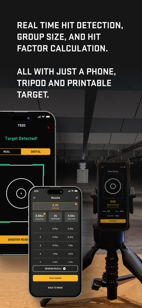 Interfaz de la aplicación Sig Connect que muestra la detección de impactos en tiempo real y los resultados del entrenamiento en un campo de tiro